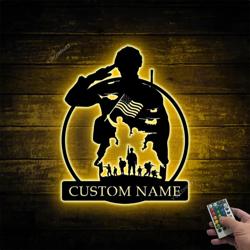 Custom Us Soldier Military Metal Wall Art Led Light, Personalized American Army Name Sign, Metal Veteran Sign, Soldier Led Light Decor, Gift For Dad
