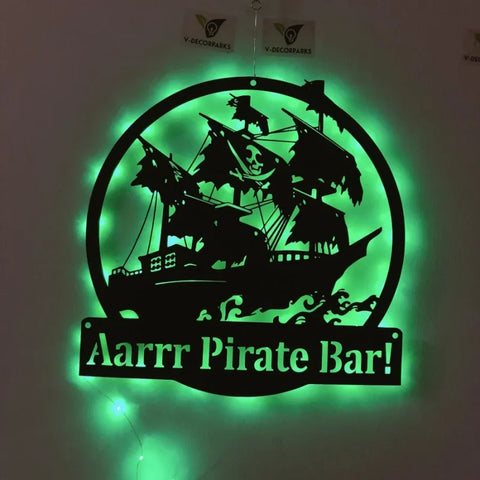 Custom Pirate Ship Metal Wall Art With Led Lights, Pirate Ship Metal Sign, Custom Ship Name Metal Sign, Nautical Beach House Metal Decor