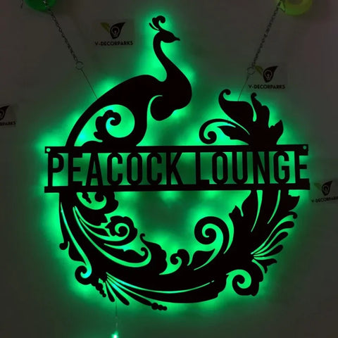 Personalized Peacock Metal Sign Led Lights, Peacock Lounge Metal Wall Art, Custom Peacock Metal Name Sign, Peacock Metal Sign Door Hanger