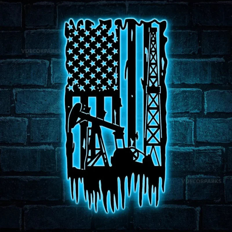 Oil Rig Flag Metal Wall Art Led Lights, Oil Field Metal Sign, Oil Rig Welcome Sign, Oil Derrick Flag Metal Wall Decor, Oilfield Custom Metal Sign