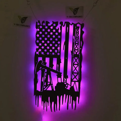Oil Rig Flag Metal Wall Art Led Lights, Oil Field Metal Sign, Oil Rig Welcome Sign, Oil Derrick Flag Metal Wall Decor, Oilfield Custom Metal Sign
