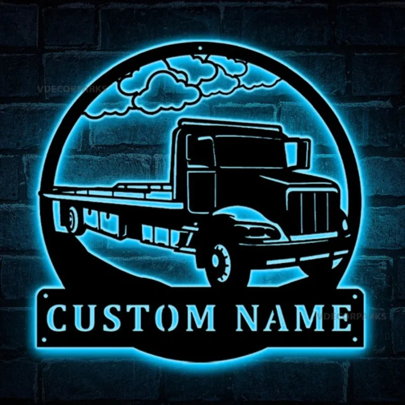 Personalized Flat Bed Tow Truck Metal Wall Art With Led Lights, Bed Semi Truck Metal Sign, Custom Truck Driver Name Sign