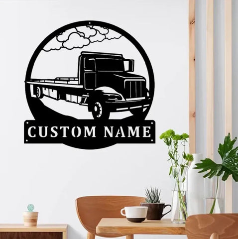 Personalized Flat Bed Tow Truck Metal Wall Art With Led Lights, Bed Semi Truck Metal Sign, Custom Truck Driver Name Sign