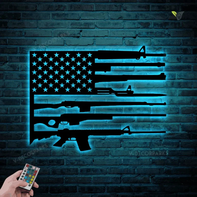 Us Flag Military Guns Cut Metal Sign With Led Lights