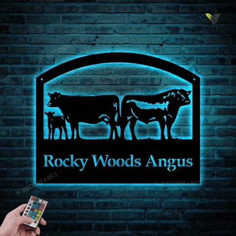 Metal Farm Sign , Cows And Bull - Personalized Family Name Metal Wall Art With Led Lights - Wedding Gift - Personalized Gift - Metal Wall Art