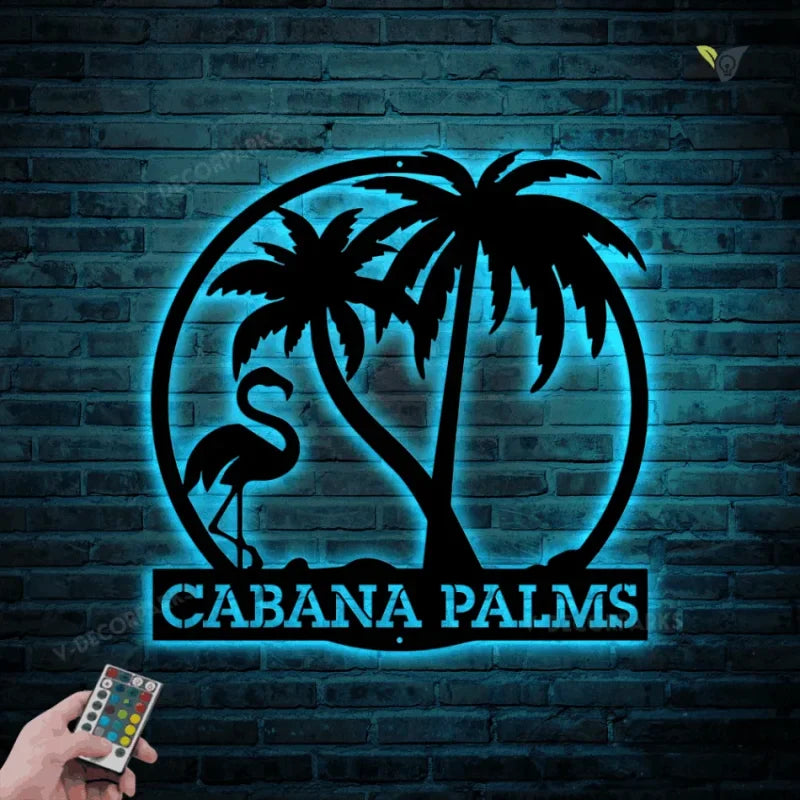 Flamingo And Palm Trees Family Custom Metal Wall Art With Led Lights - Metal Wall Art - Personalized Family Name Metal Wall Art With Led Lights