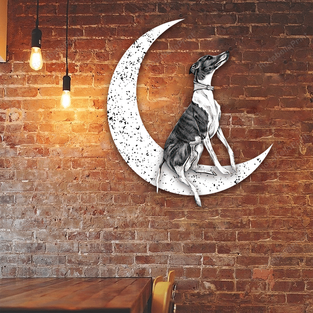 Dog Metal Sign Little Greyhound Sit On The Moon Gift for Dog Lover Decorations