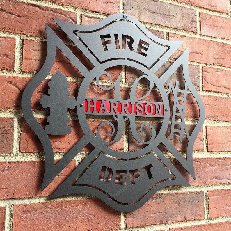 Firefighter Metal Maltese Cross W/ Ladder Custom Metal Fire Department Sign Monogram Door Hanger Firefighter Gift Decorations