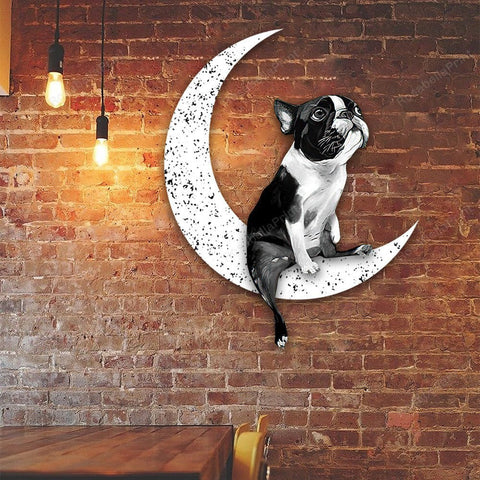 Dog Metal Sign Boston Terrier Sit On The Moon Dog Wall Sign Gift for Dog Lover Decorations