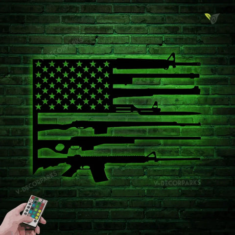 Us Flag Military Guns Cut Metal Sign With Led Lights