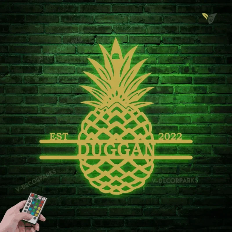 Pineapple Split Name Sign, Metal Wall Art With Led Lights, Metal Wall Art, Metal House Sign