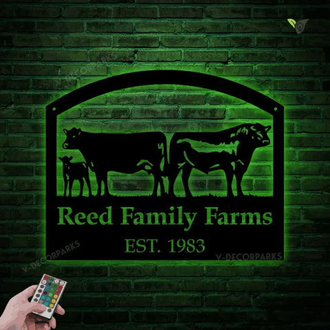 Metal Farm Sign , Cows And Bull - Personalized Family Name Metal Wall Art With Led Lights - Wedding Gift - Personalized Gift - Metal Wall Art