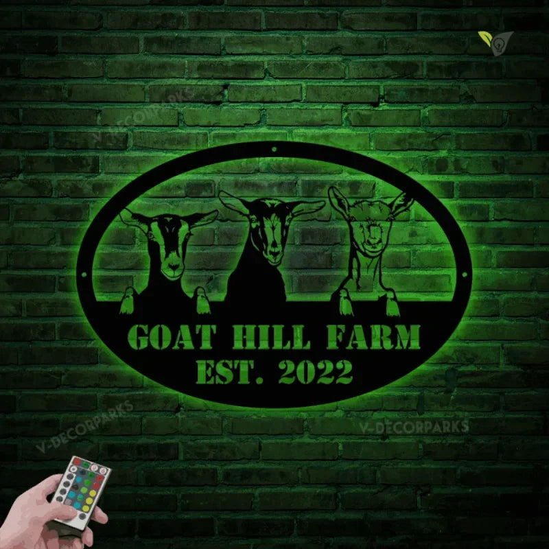 Goat Farm Metal Wall Art With Led Lights, Metal Farm Sign, Farmhouse Decor, Family Name Custom Sign, Metal Garden Sign, Farmer Gift, Farm Metal Sign