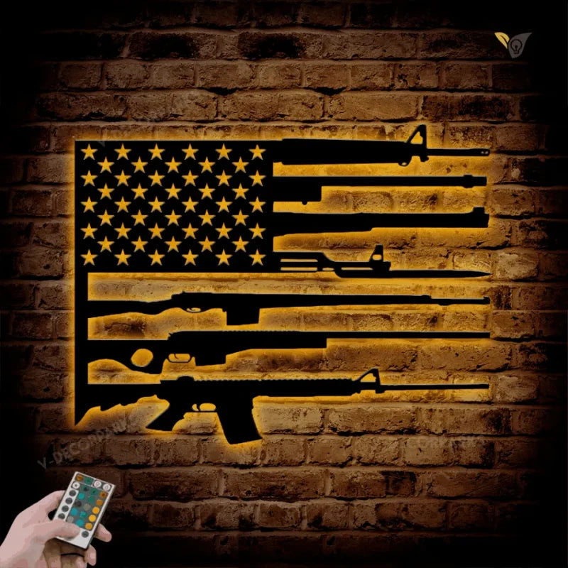 Us Flag Military Guns Cut Metal Sign With Led Lights – Metal Wall Art ...