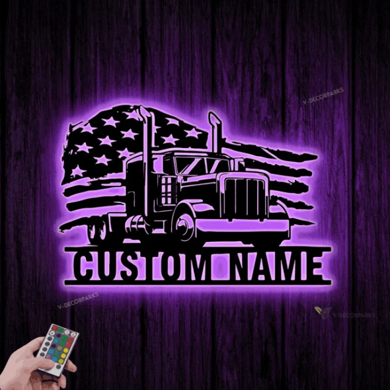 Personalized Us Semi Truck Driver Metal Sign With Led Light, Custom Trucker Name Sign, Home Decor, 18 Wheeler Decoration, Birthday Dad Gifts