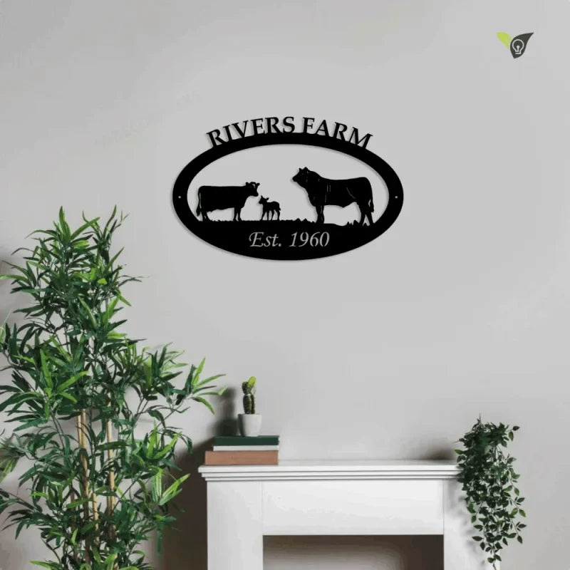 Custom Metal Name Est Farm Sign With Led Lights , Cow Calf Bull Metal Wall Art With Metal Letter Farm Name, Metal Wall Art, Cut Metal House Sign