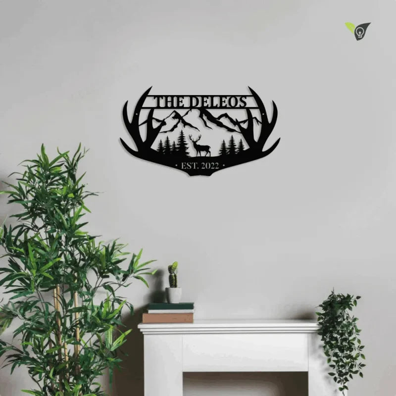 Personalized Family Name Deer Hunting Hunter Metal Wall Art With Led Lights Monogram, Custom Deer Antler Metal Sign For Living Room